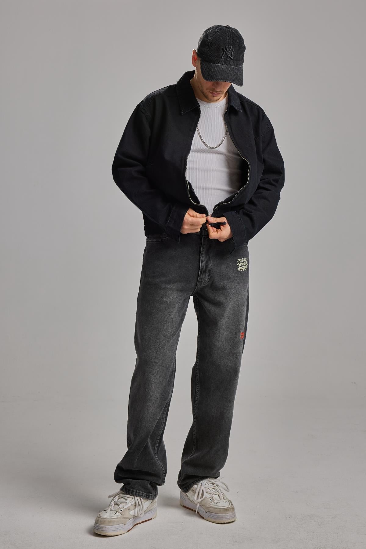Siyah Nakışlı Oversize Jean Ceket 4615