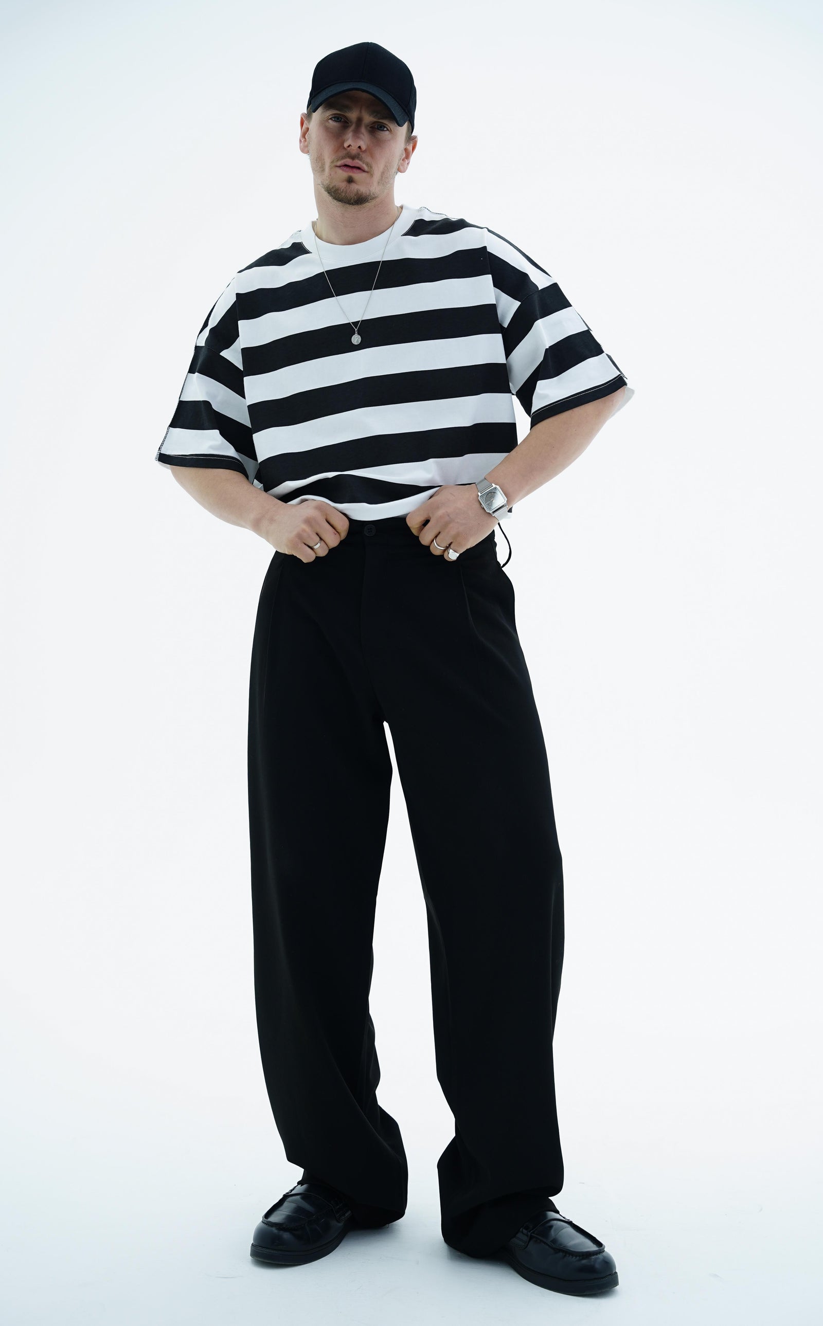 Çizgili Siyah Oversize Tshirt JC01 25Y66