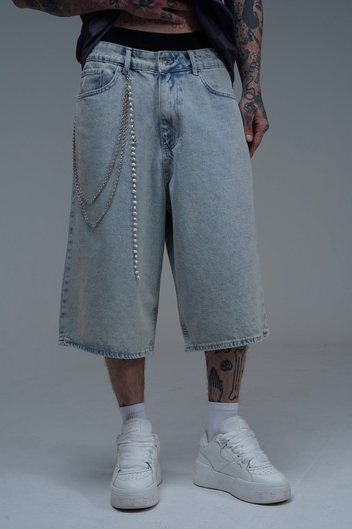 Yıkama Efektli Açık Mavi Baggy Jean Şort