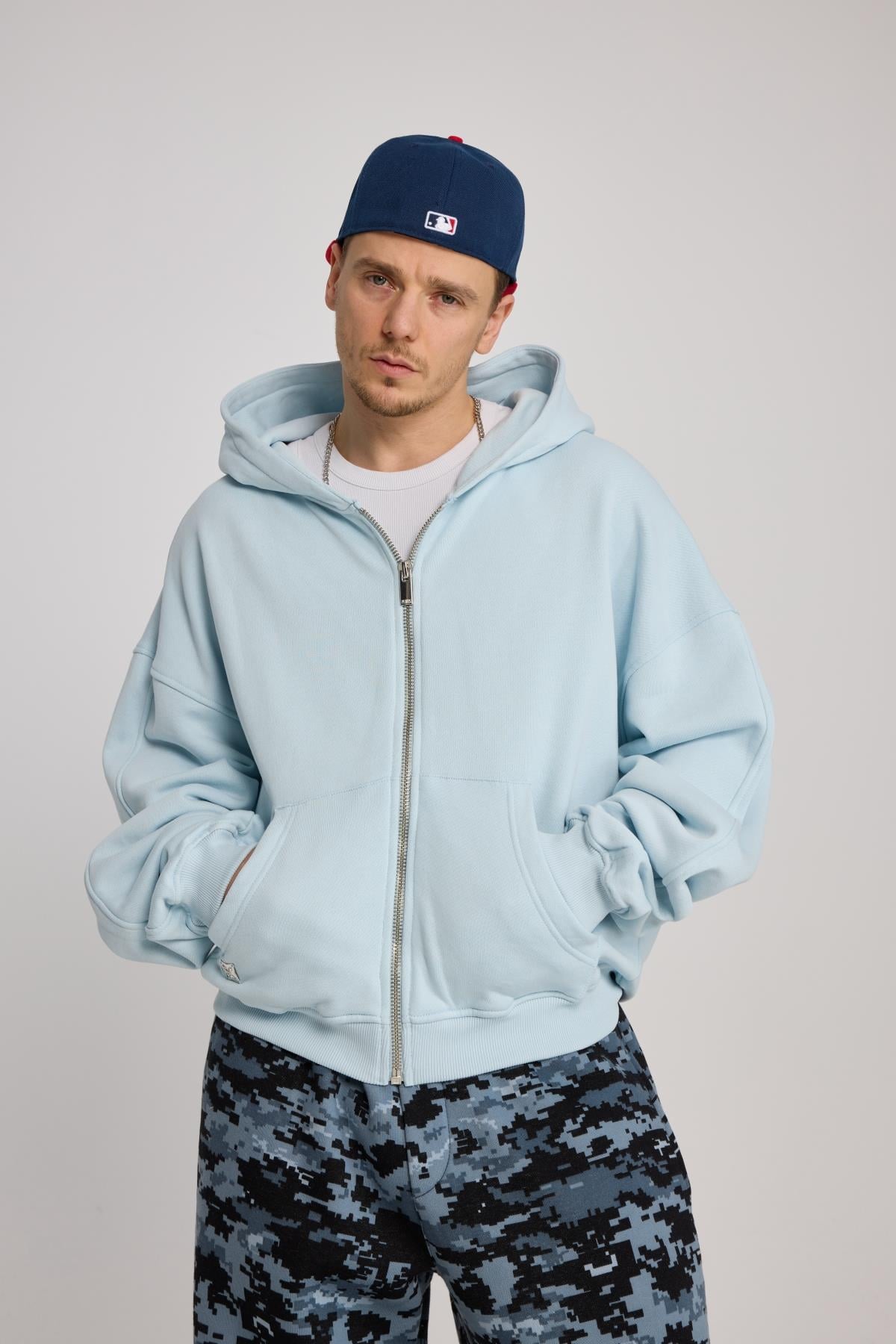 Açık Mavi Oversize Basic Zipper Hoodie