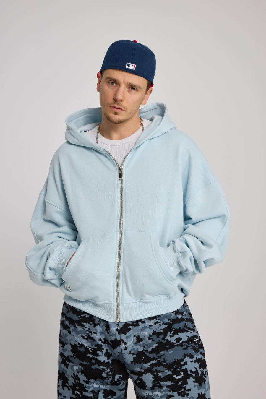 Açık Mavi Oversize Basic Zipper Hoodie
