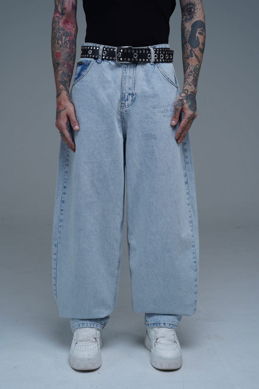 Nakış Detay Mavi Baggy Jean Pantolon CT01 6458-5