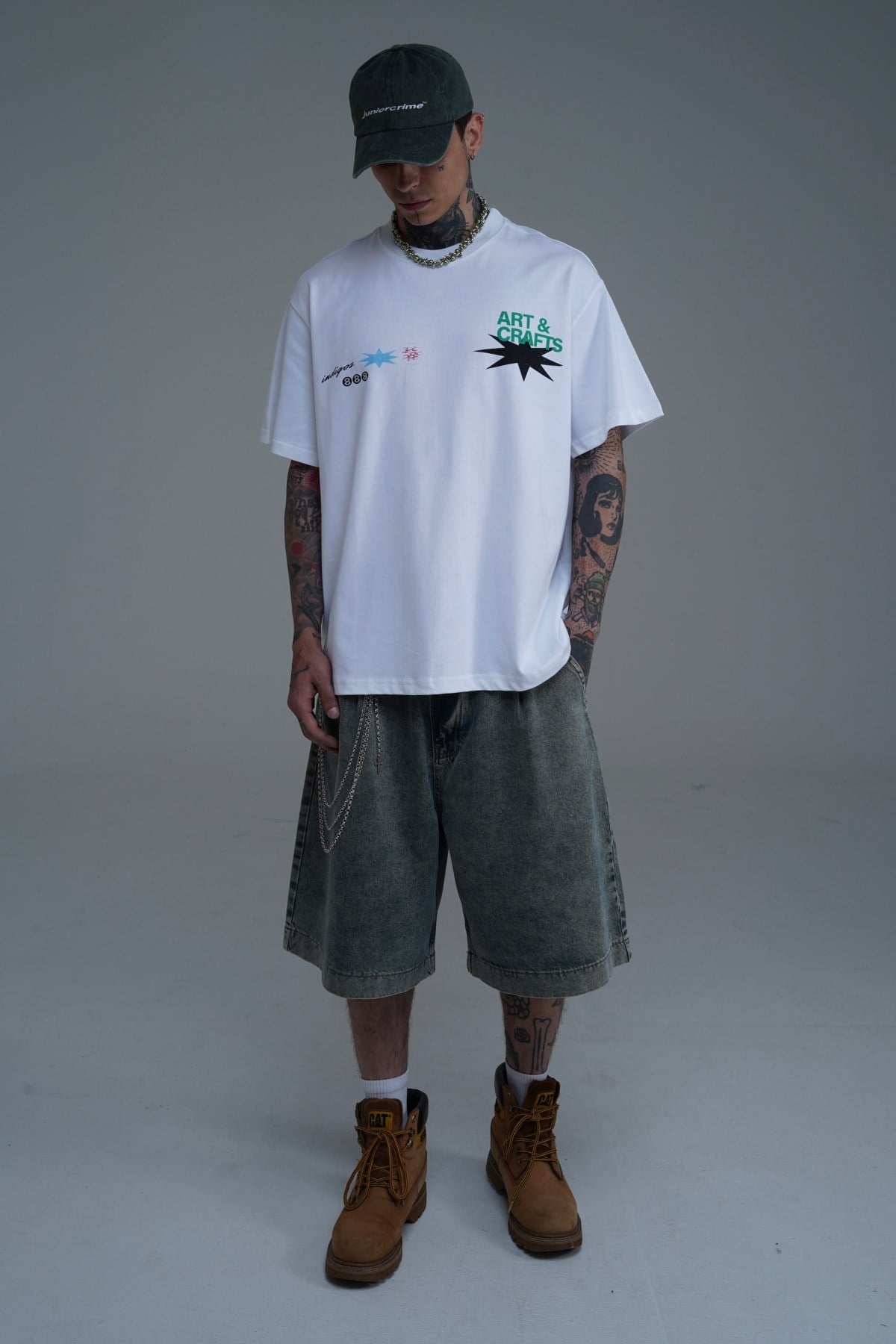 Baskılı Bisiklet Yaka Beyaz Oversize Tshirt CT01 MRT26073