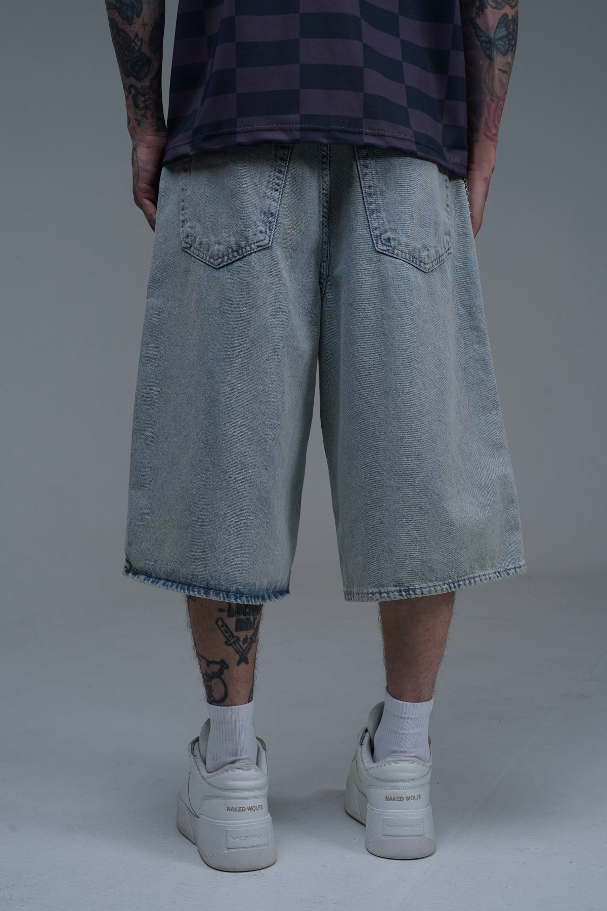 Yıkama Efektli Açık Mavi Baggy Jean Şort