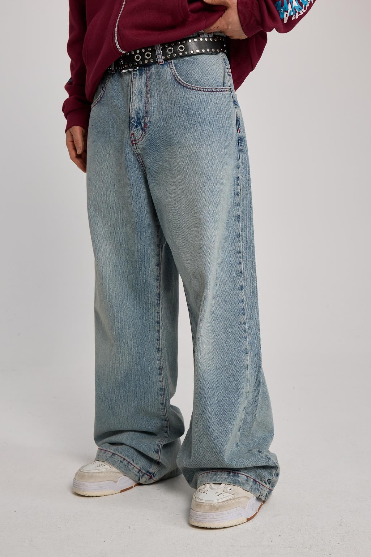 Kontrast Dikiş Mavi Baggy Jean Pantolon