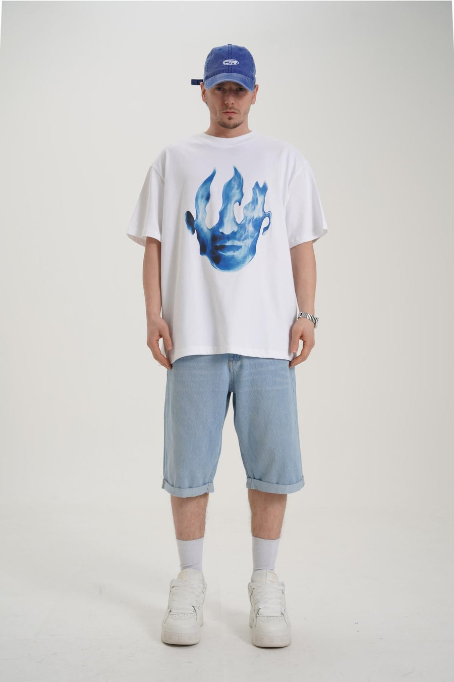 Fire Baskılı Beyaz Oversize Tshirt CT01 MRT26047