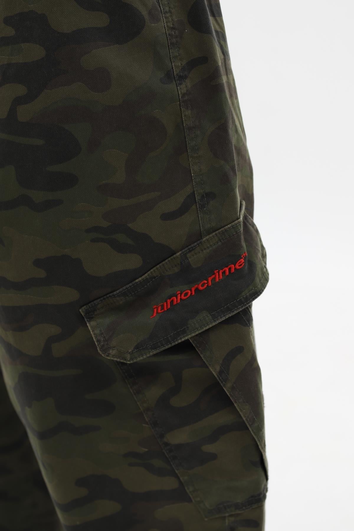 Kamuflaj Desenli Haki Low Waist Baggy Pantolon