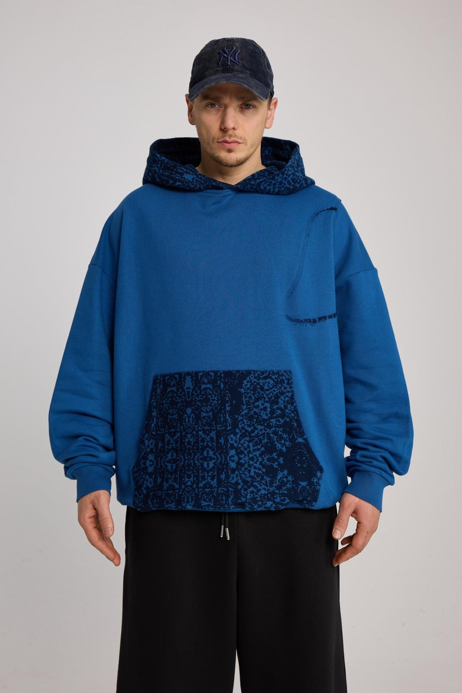 Etnik Desen Detaylı Oversize Mavi Hoodie SR01