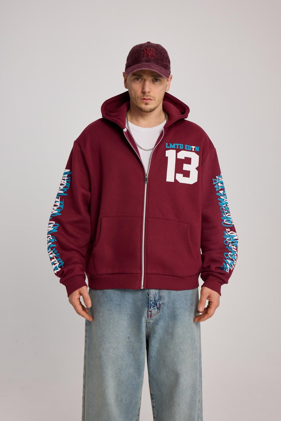 Baskılı Bordo Oversize Limited Zipper Hoodie