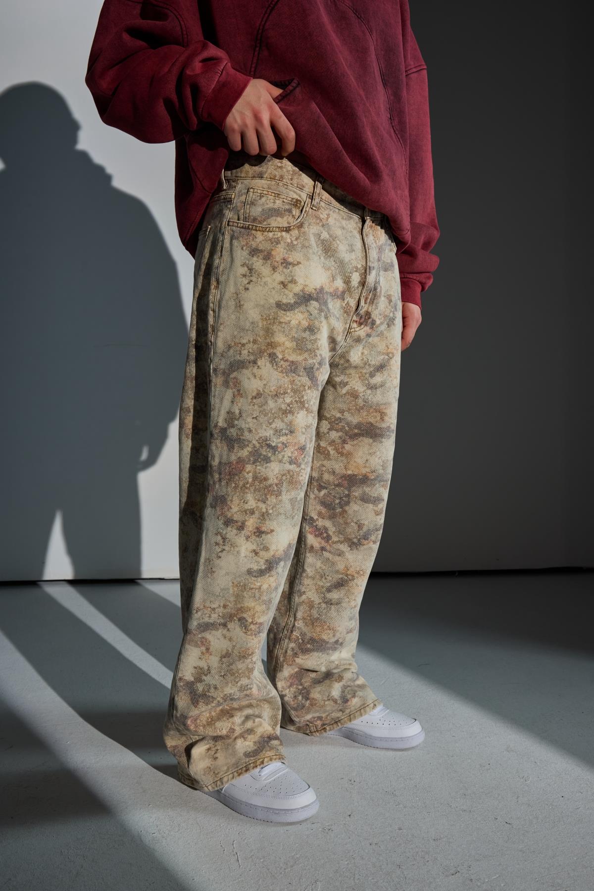 Camo Desenli Krem Baggy Jean Pantolon