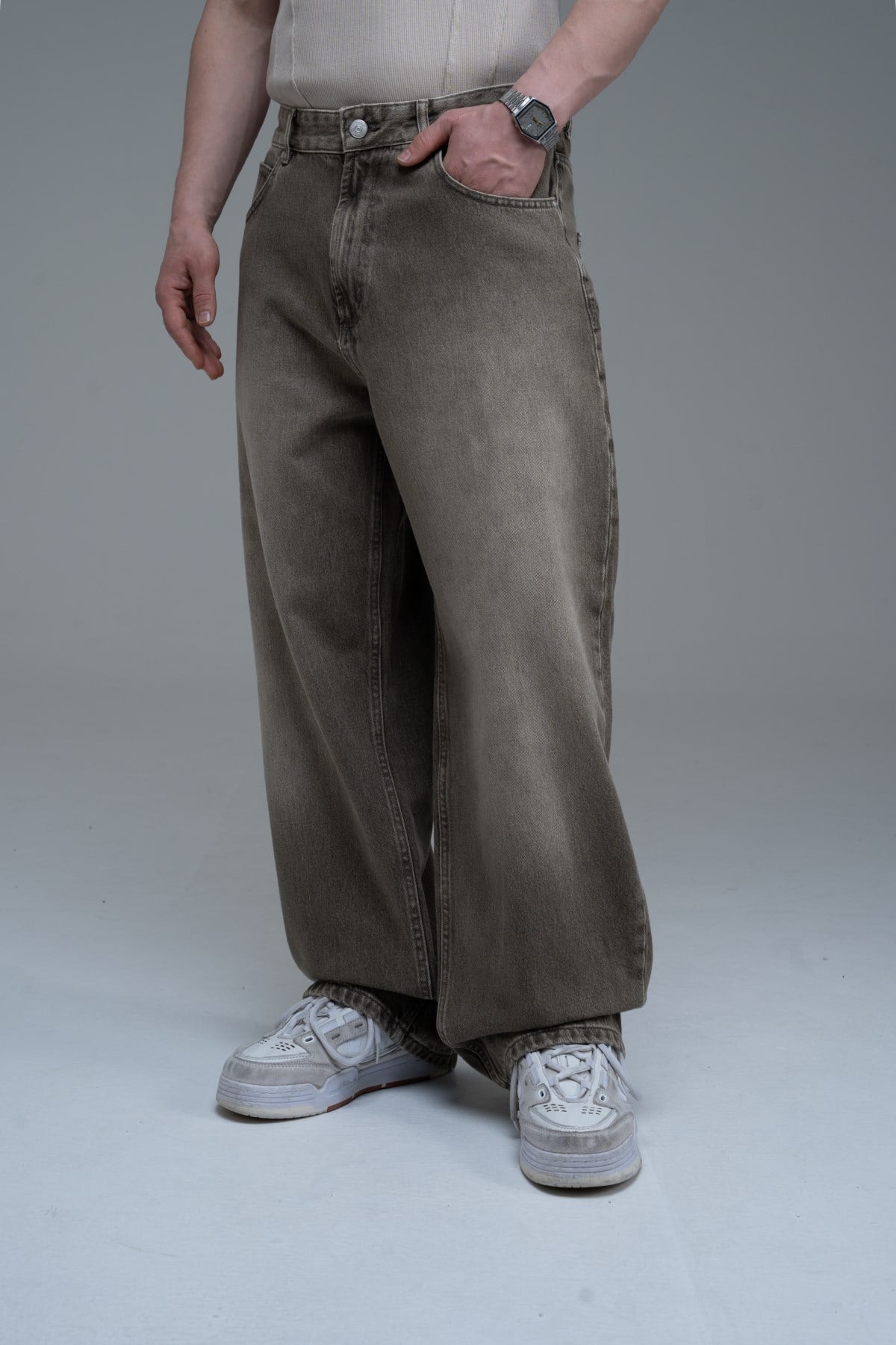 Yıkama Efektli Açık Kahve Baggy Jean