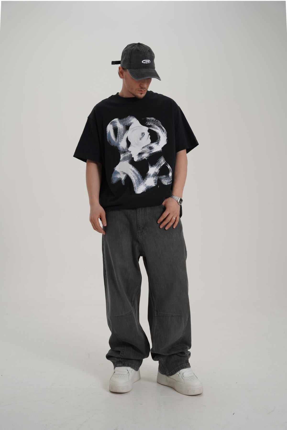 Face Baskılı Siyah Oversize Tshirt CT01 MRT26010/1
