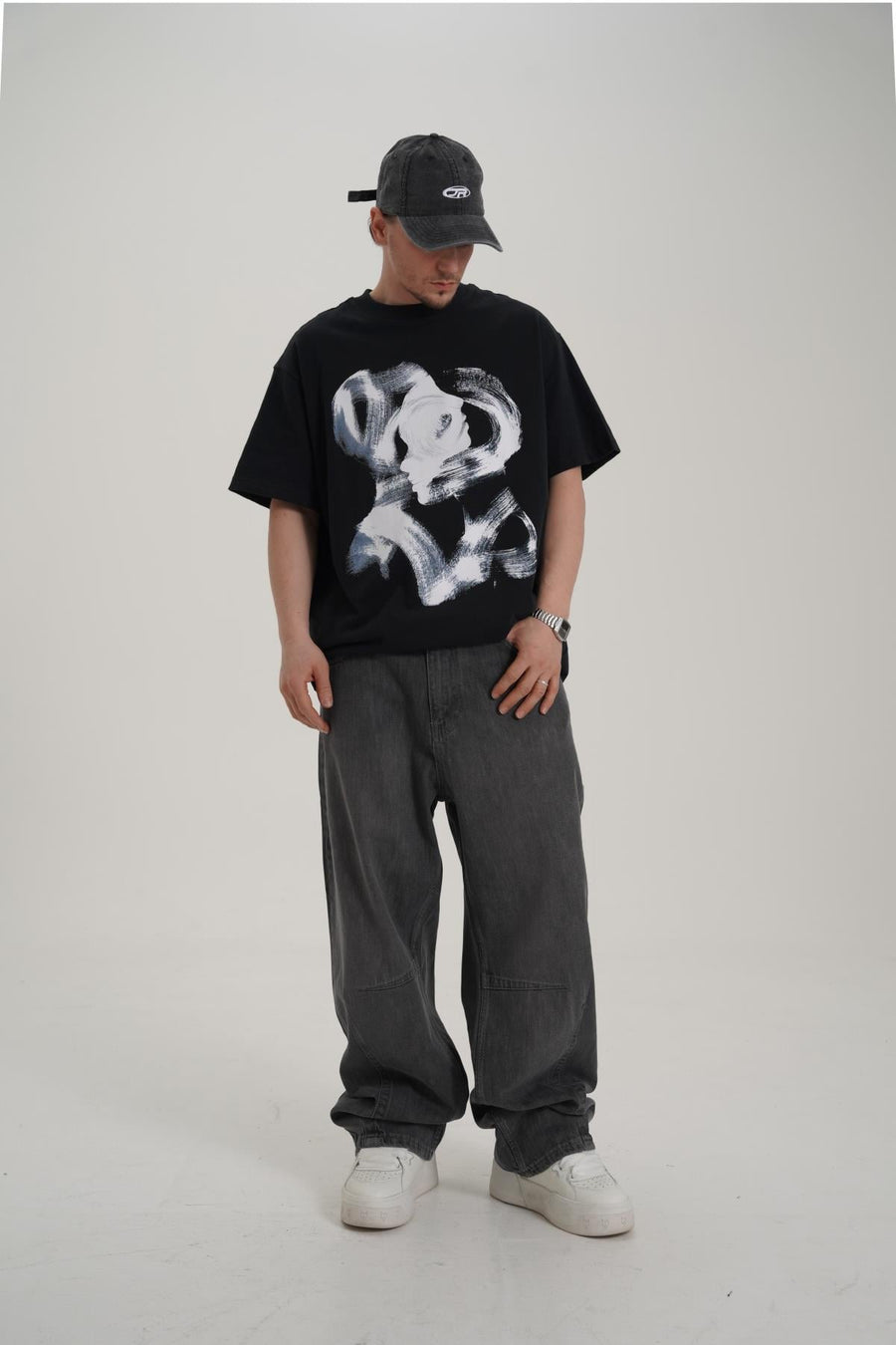 Face Baskılı Siyah Oversize Tshirt CT01 MRT26010/1