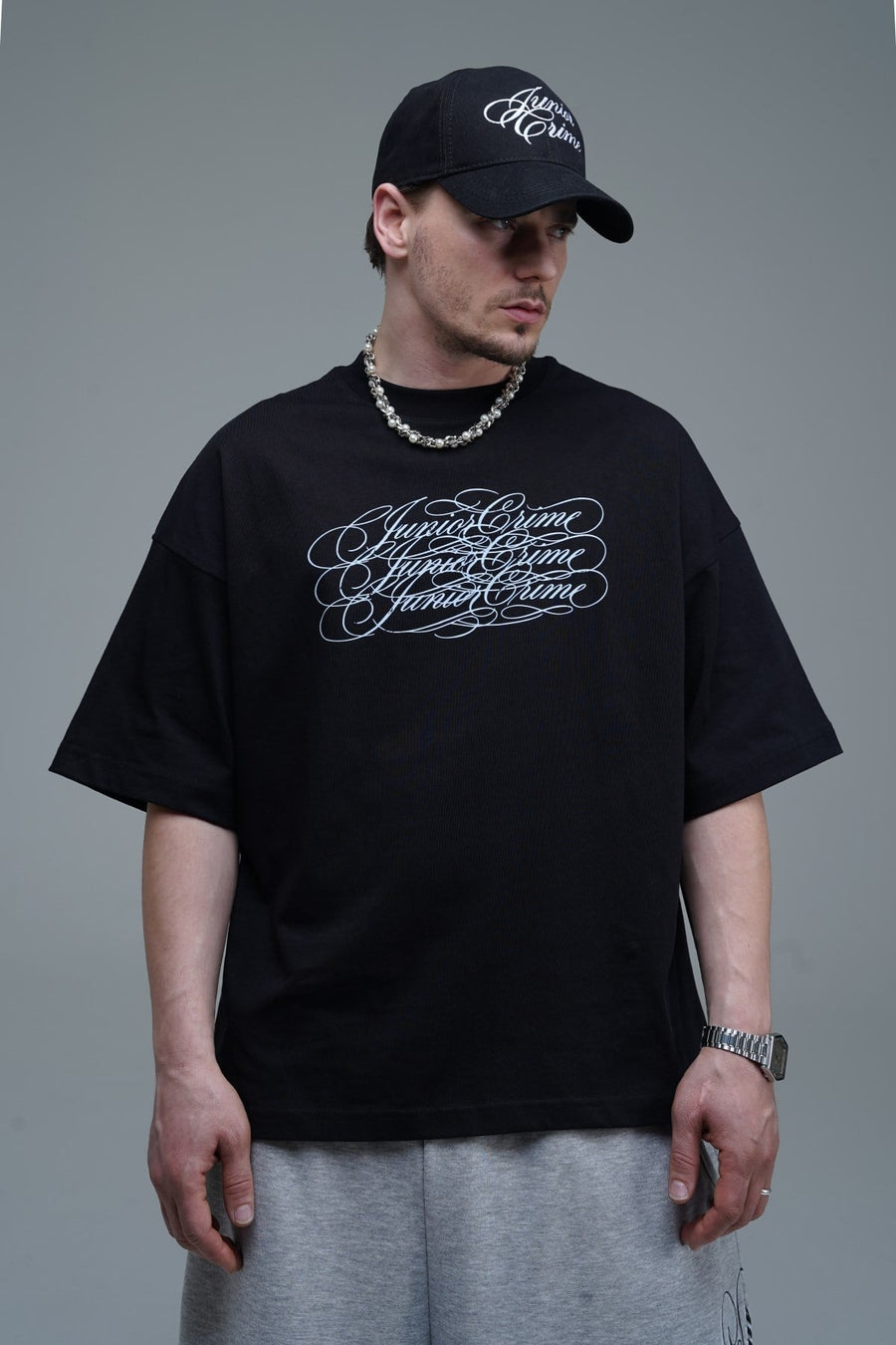 JR Signature Baskılı Siyah Boxy Fit Tshirt