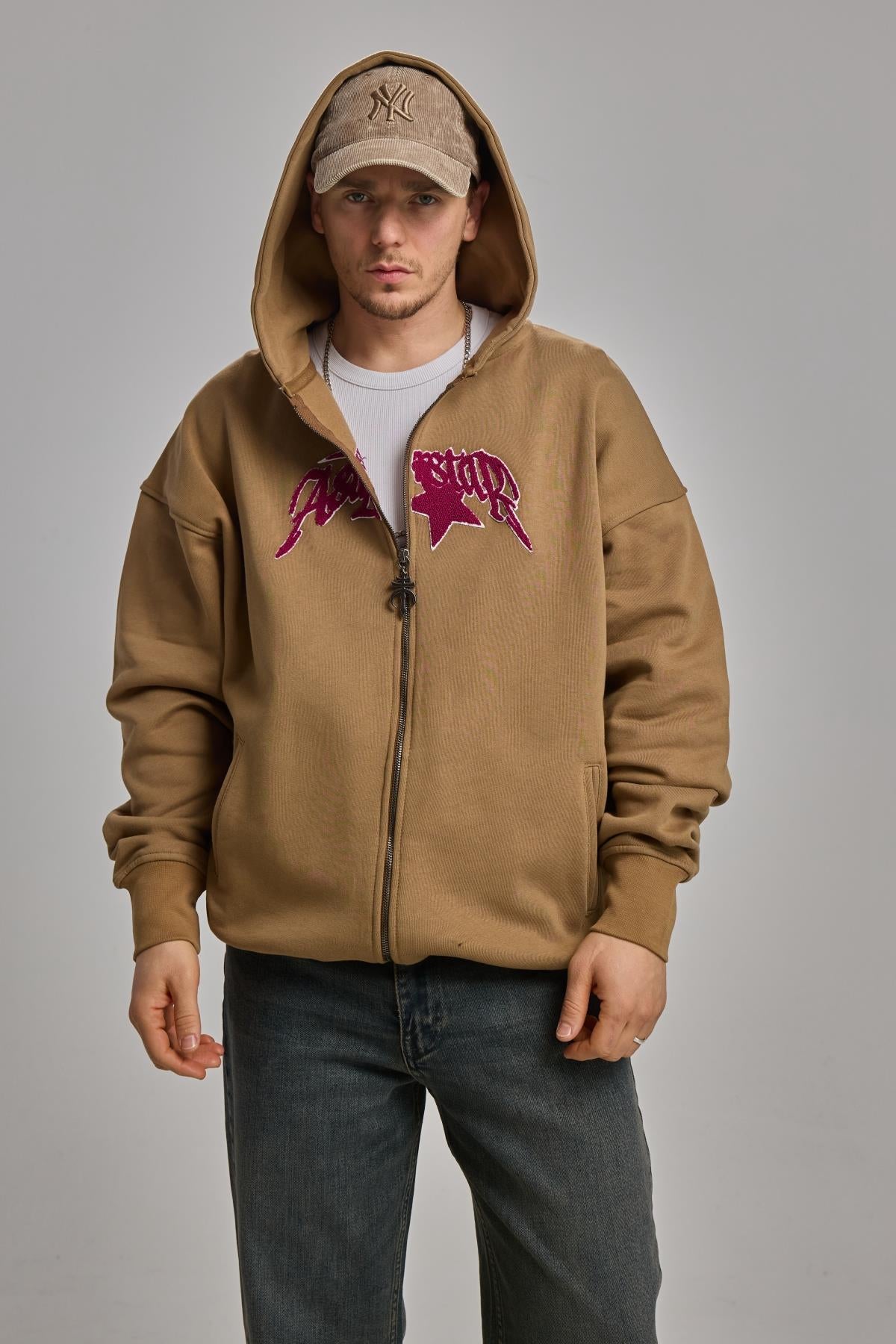Nakışlı Kahverengi Oversize Zipper Hoodie