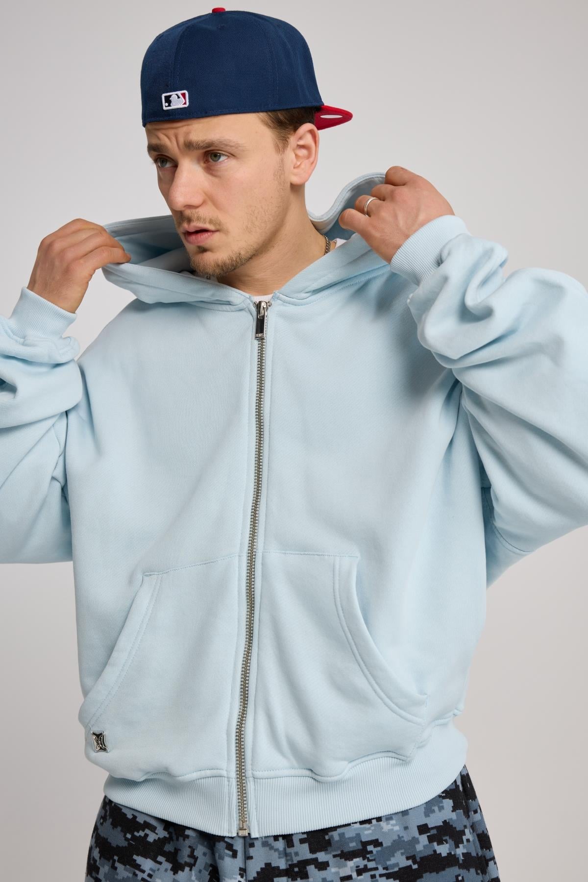 Açık Mavi Oversize Basic Zipper Hoodie