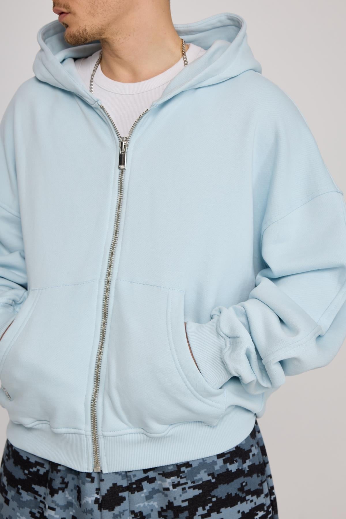 Açık Mavi Oversize Basic Zipper Hoodie