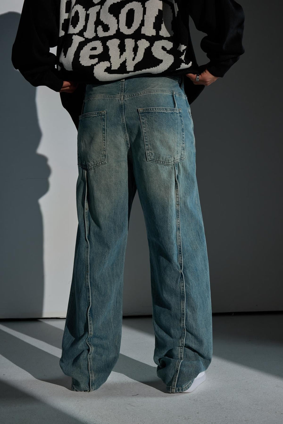 Şerit Detay Yıkama Efektli Baggy Jean Pantolon