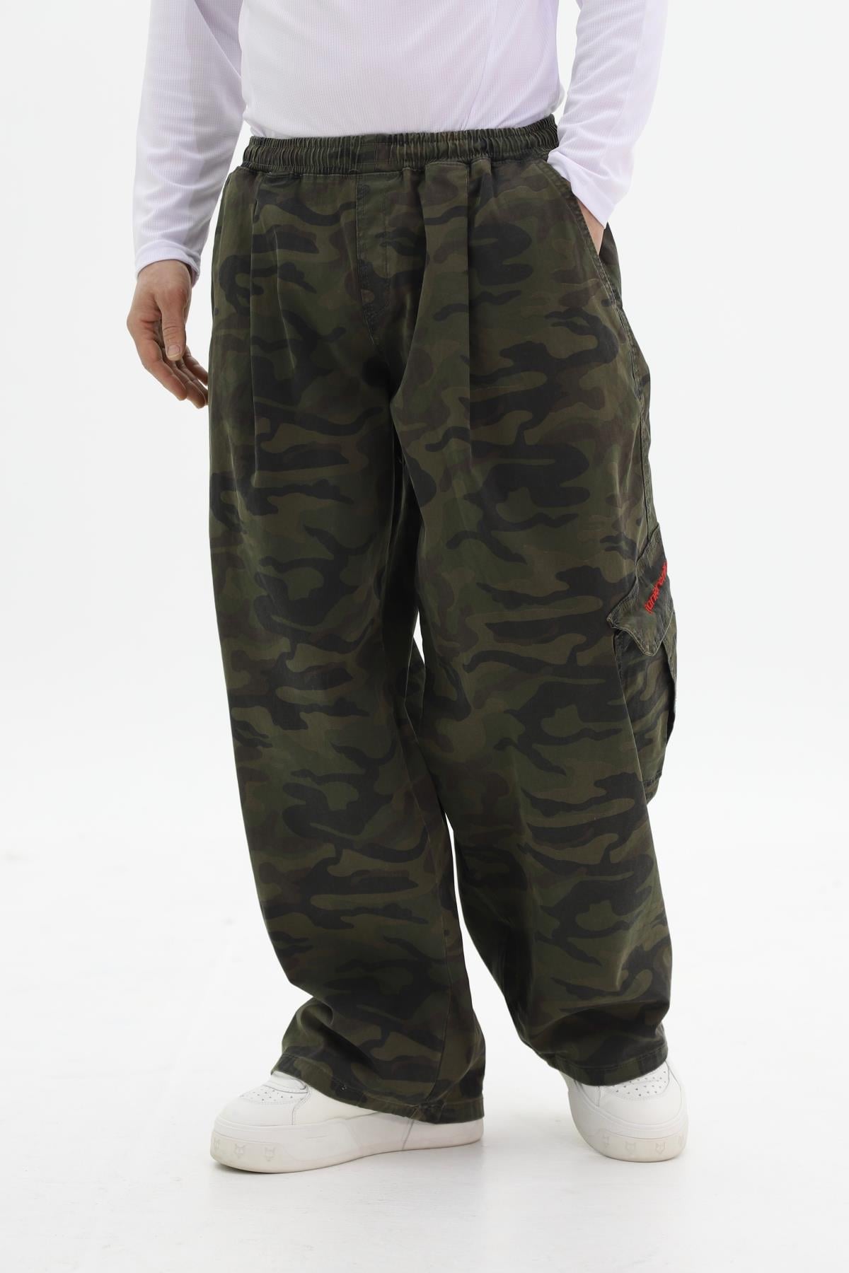 Kamuflaj Desenli Haki Low Waist Baggy Pantolon