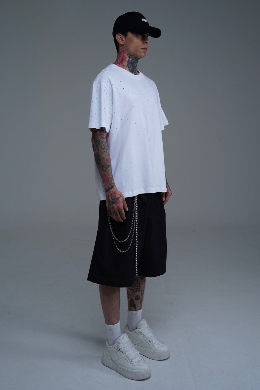 Taş Baskılı Beyaz Oversize Tshirt CT01 25CY087