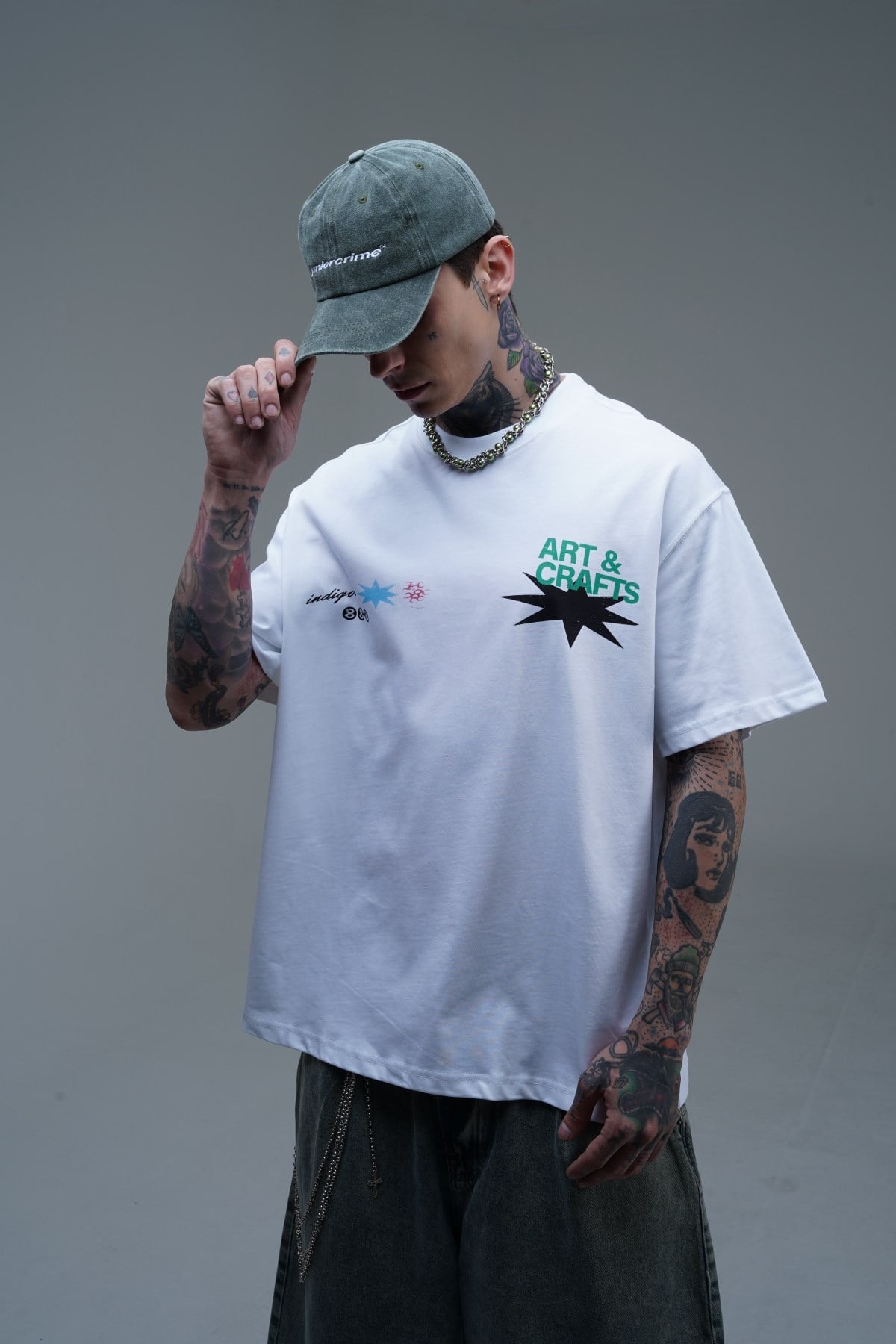 Baskılı Bisiklet Yaka Beyaz Oversize Tshirt CT01 MRT26073