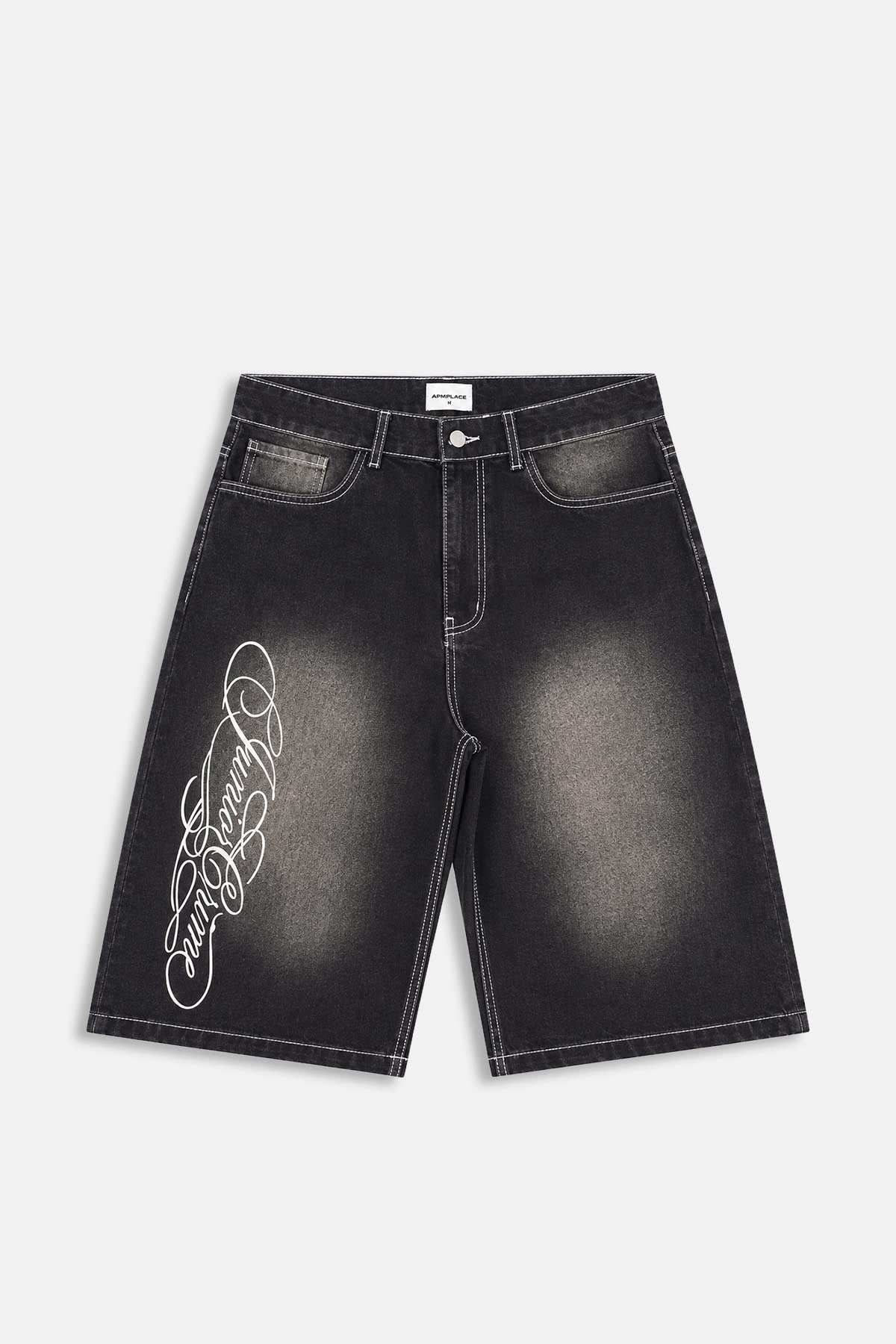 Jr Signature Nakışlı Kontrast Dikiş Siyah Jean Şort