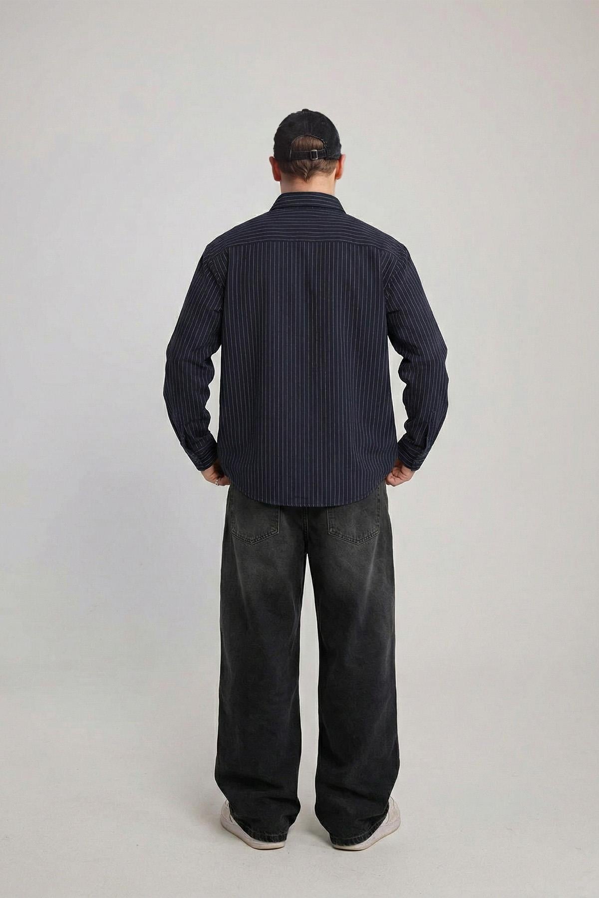 Çizgili Oversize Jean Gömlek