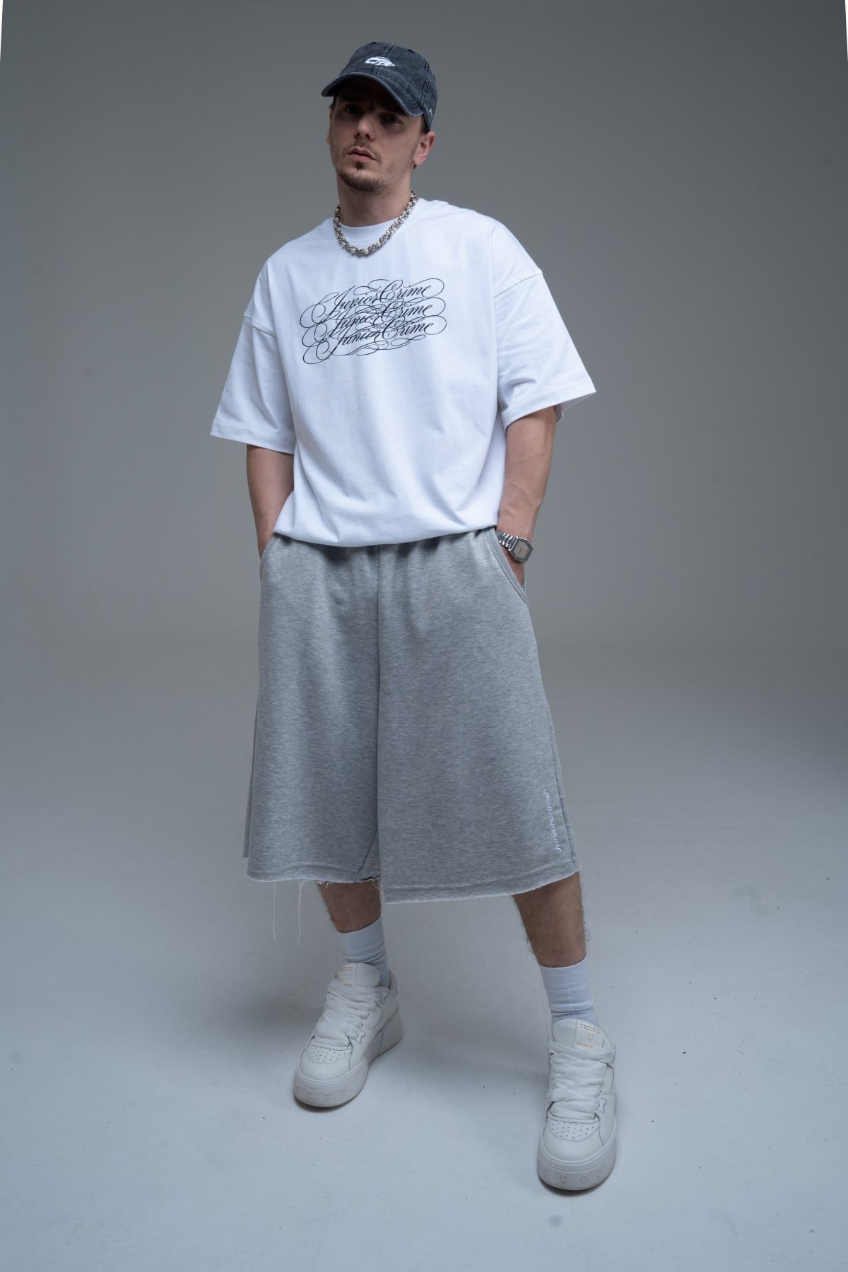 JR Nakışlı Gri Jogger Baggy Şort