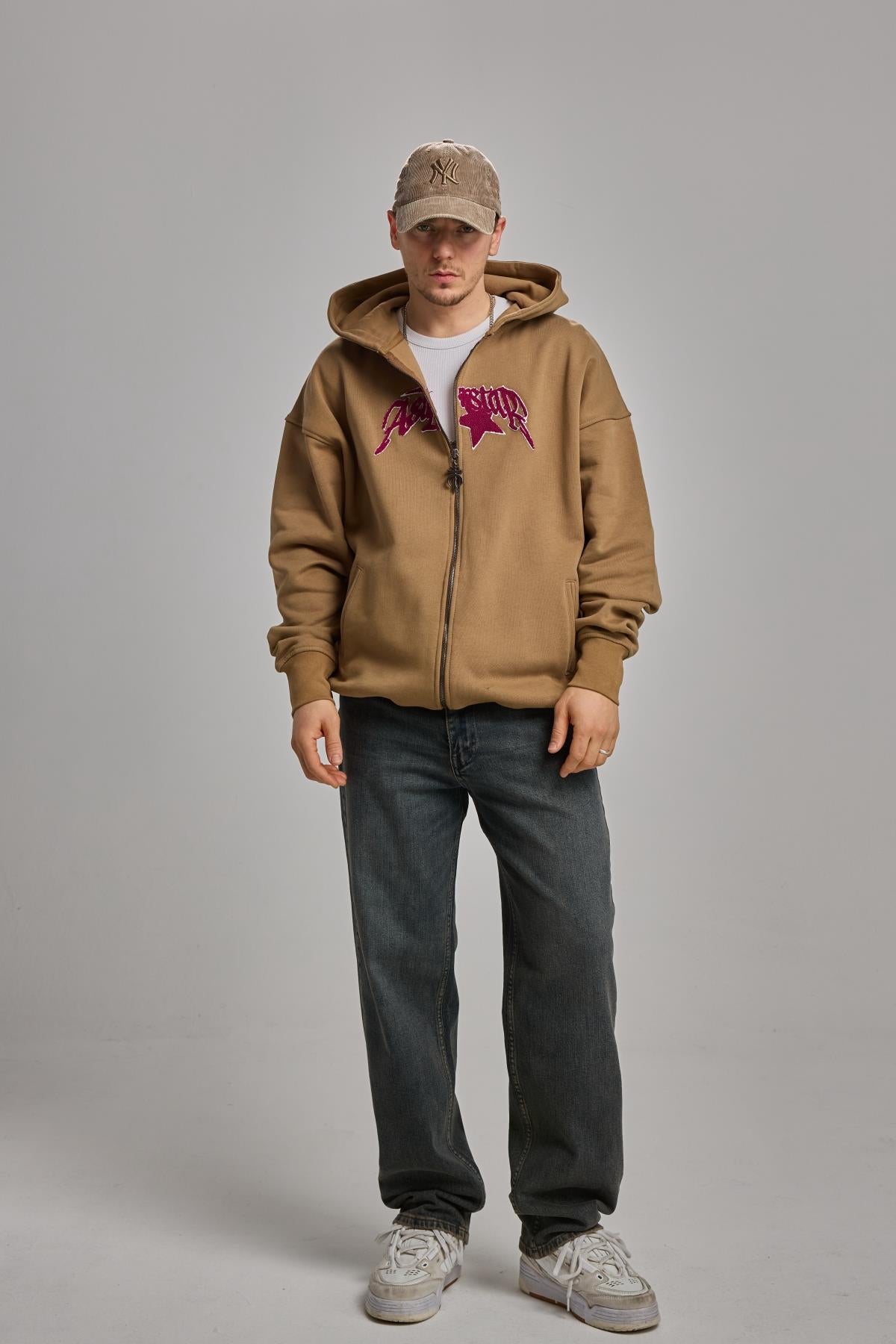 Nakışlı Kahverengi Oversize Zipper Hoodie