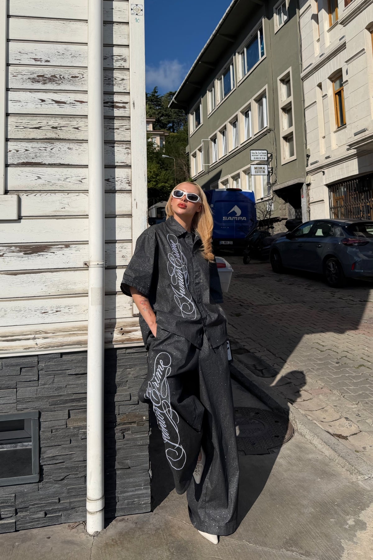 JR Signature Nakışlı Simli Kumaş Baggy Pantolon