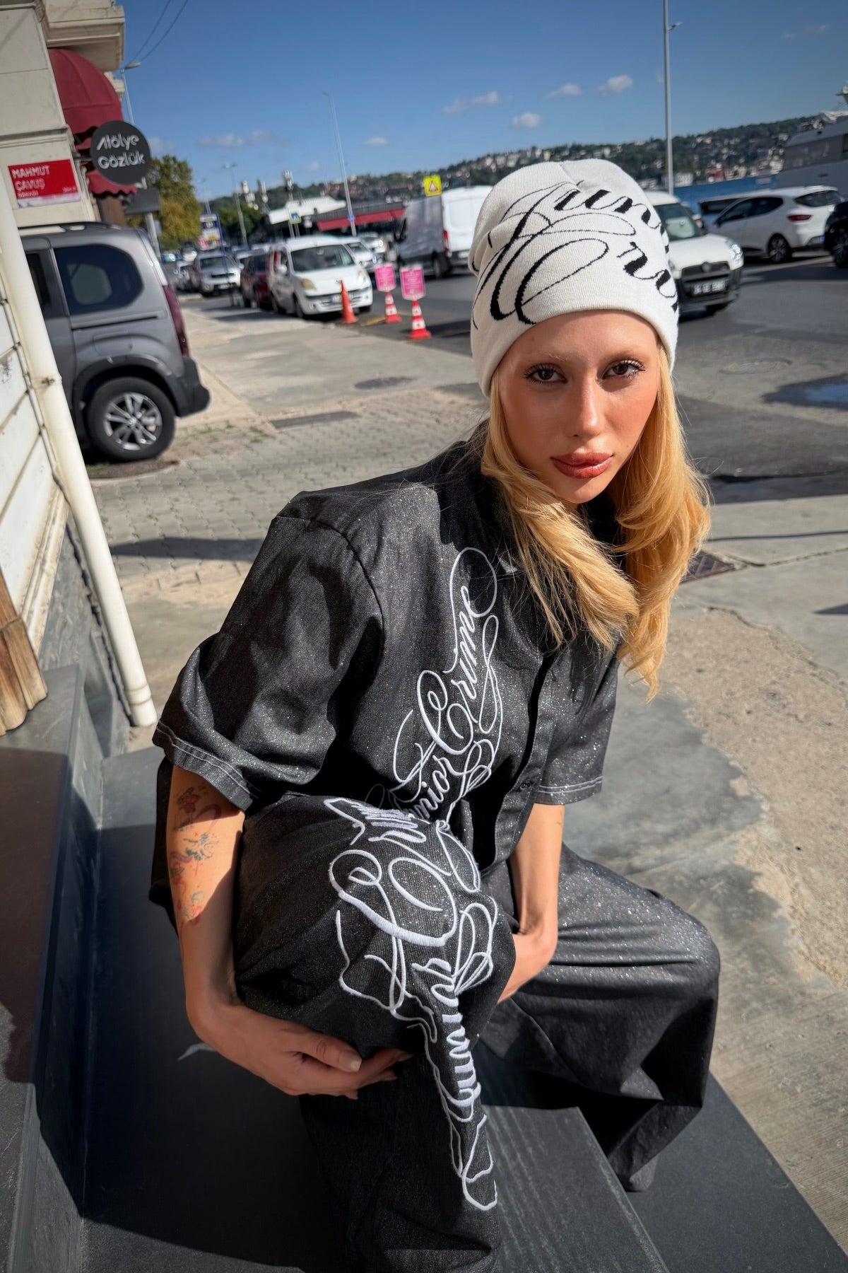 JR Signature Nakışlı Simli Kumaş Baggy Pantolon