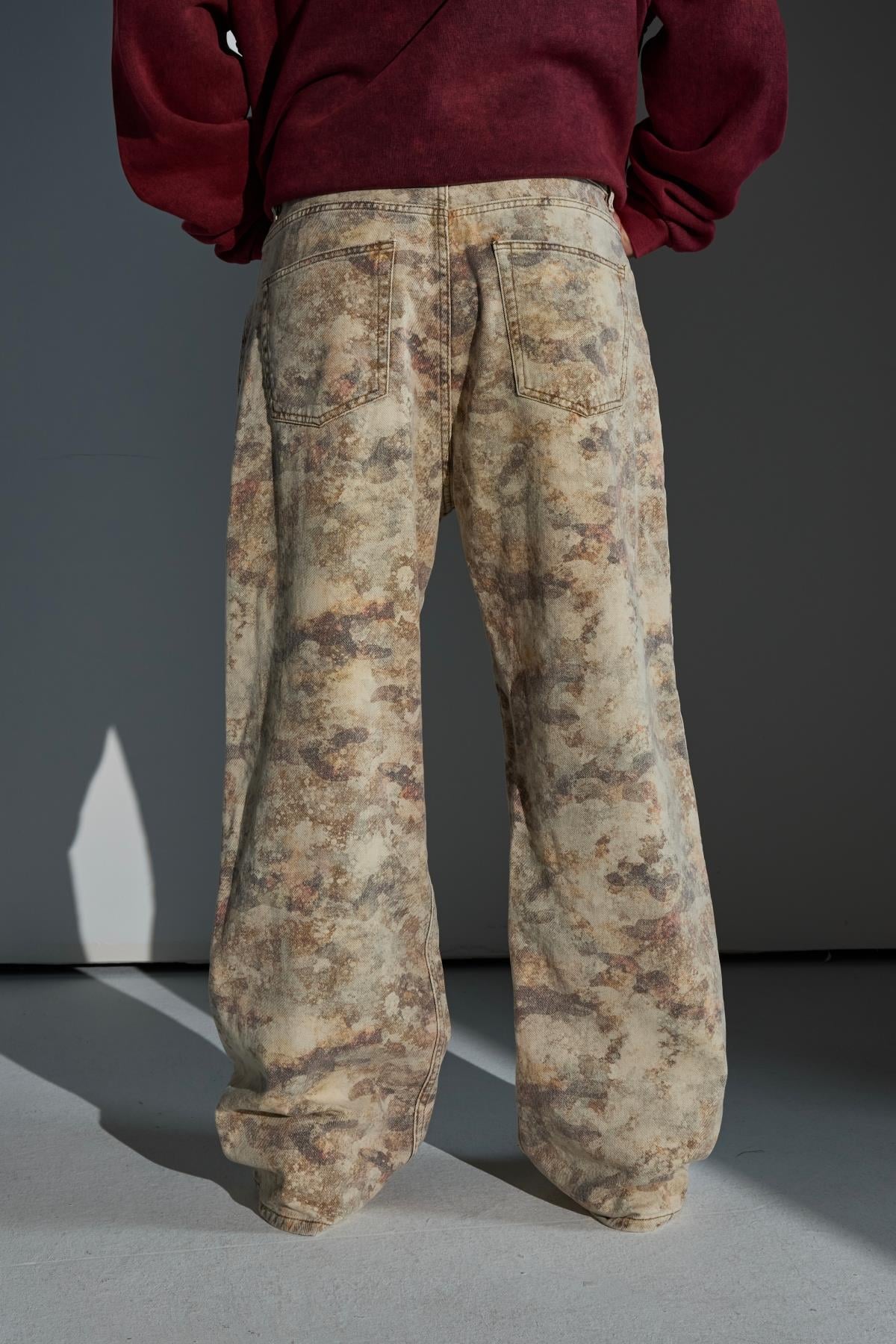 Camo Desenli Krem Baggy Jean Pantolon