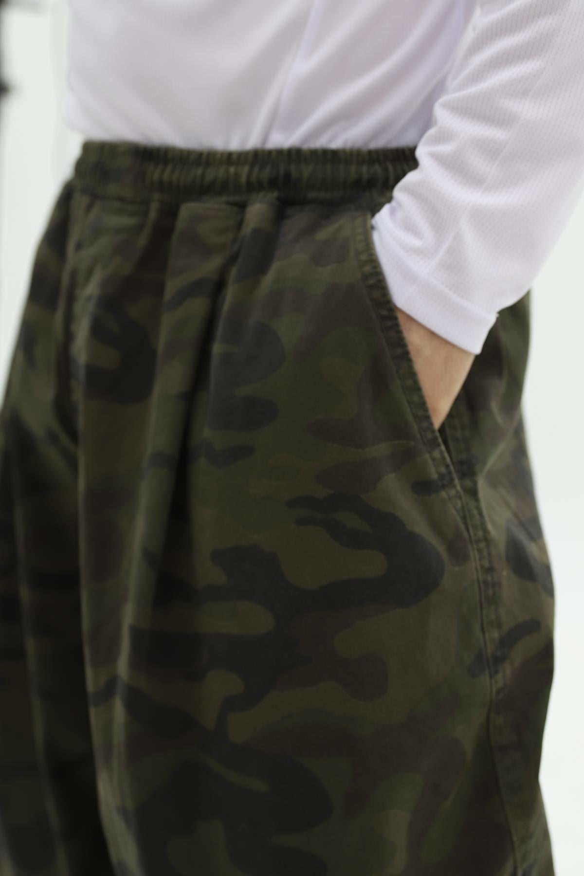 Kamuflaj Desenli Haki Low Waist Baggy Pantolon