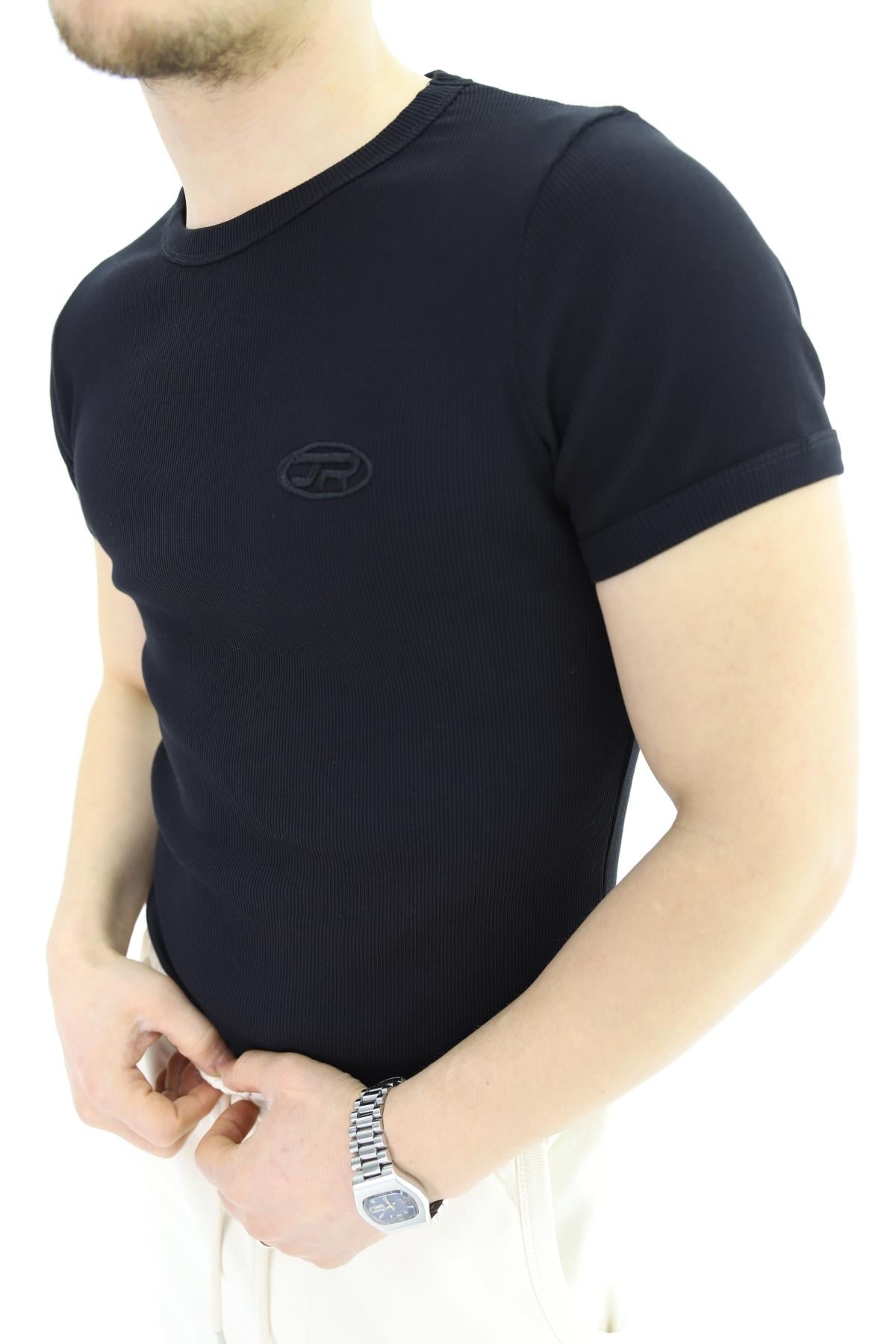 JR Logo Fitilli Kumaş Siyah Slim fit Tshirt