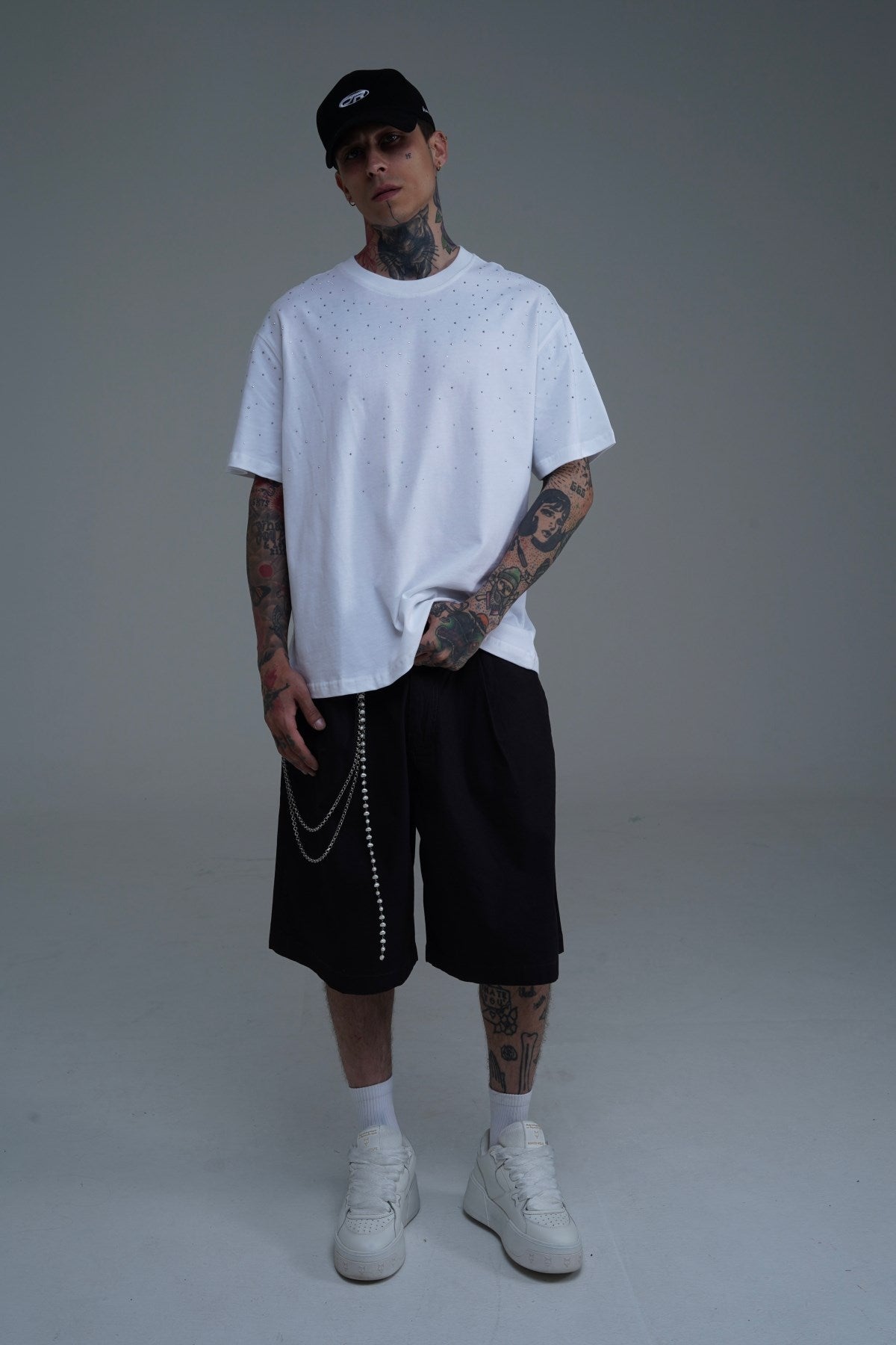 Taş Baskılı Beyaz Oversize Tshirt CT01 25CY087