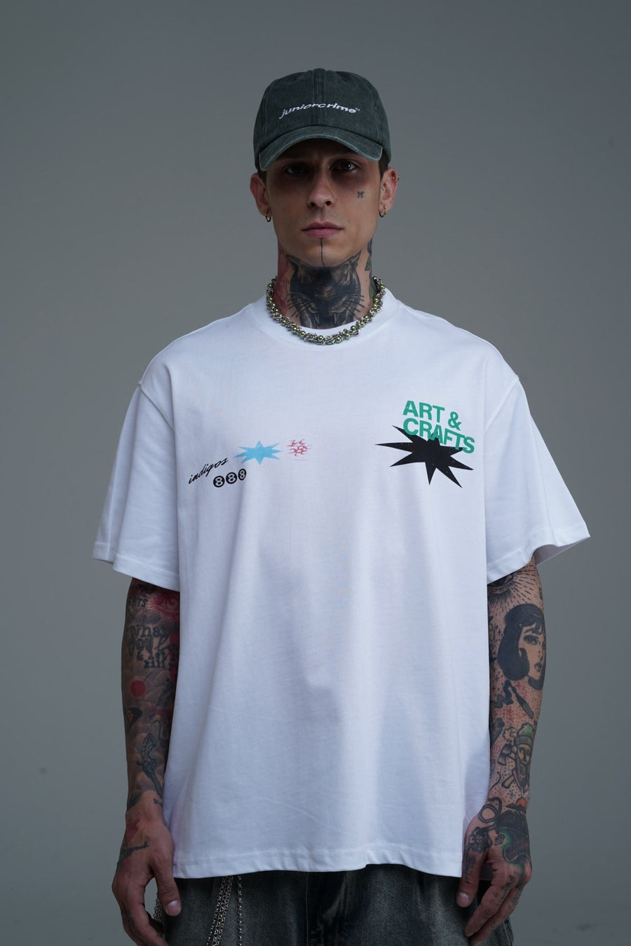 Baskılı Bisiklet Yaka Beyaz Oversize Tshirt CT01 MRT26073