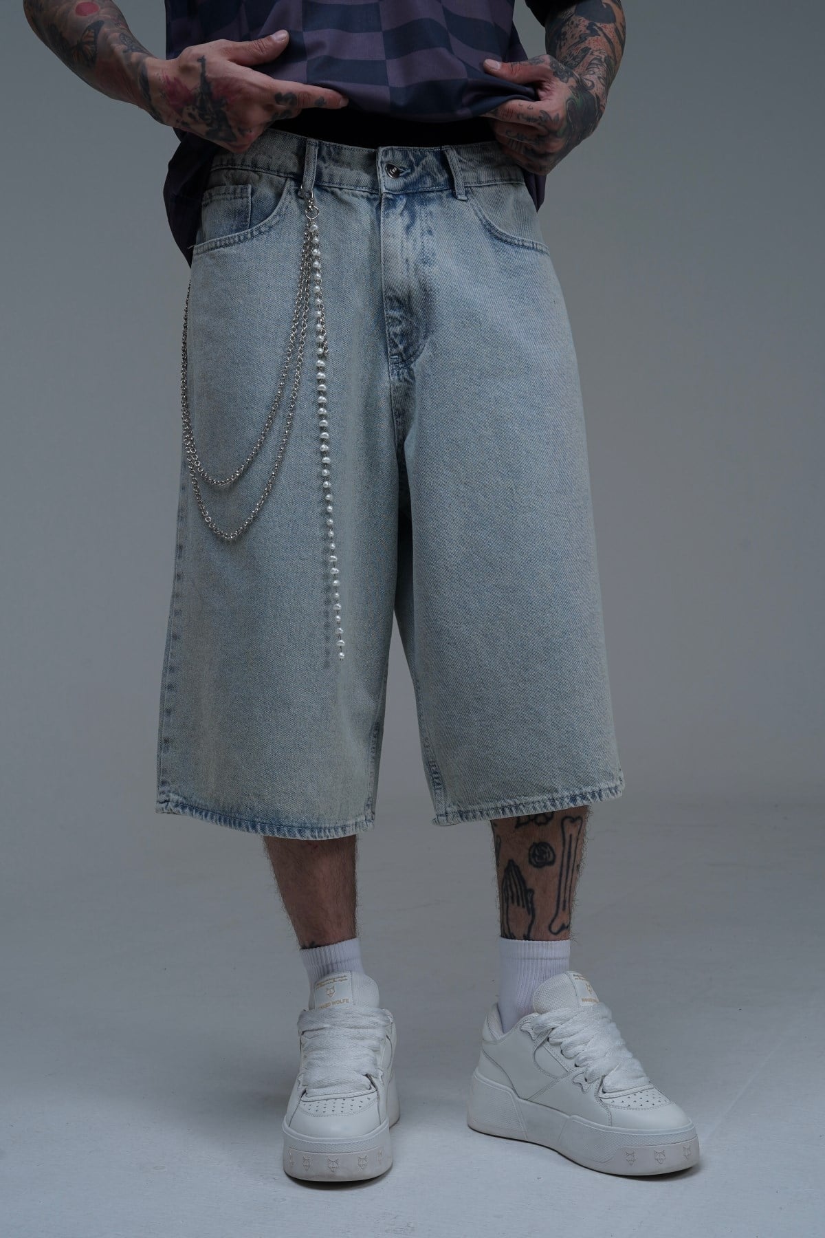 Yıkama Efektli Açık Mavi Baggy Jean Şort