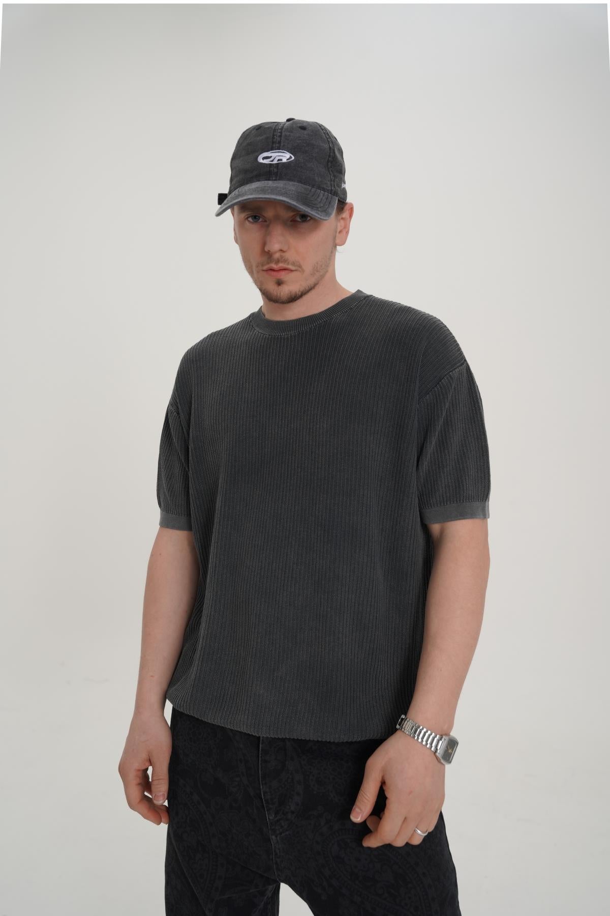 Bisiklet Yaka Yıkama Efektli Triko Tshirt PM01 26Y270