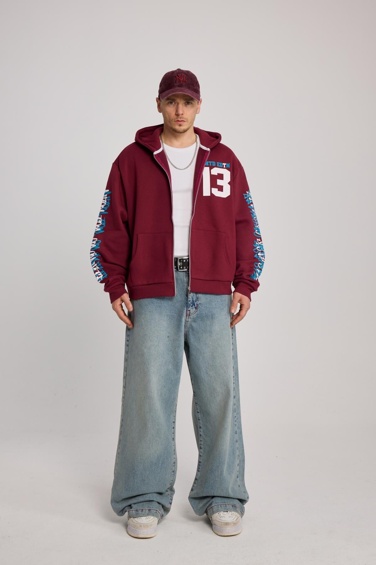Baskılı Bordo Oversize Limited Zipper Hoodie