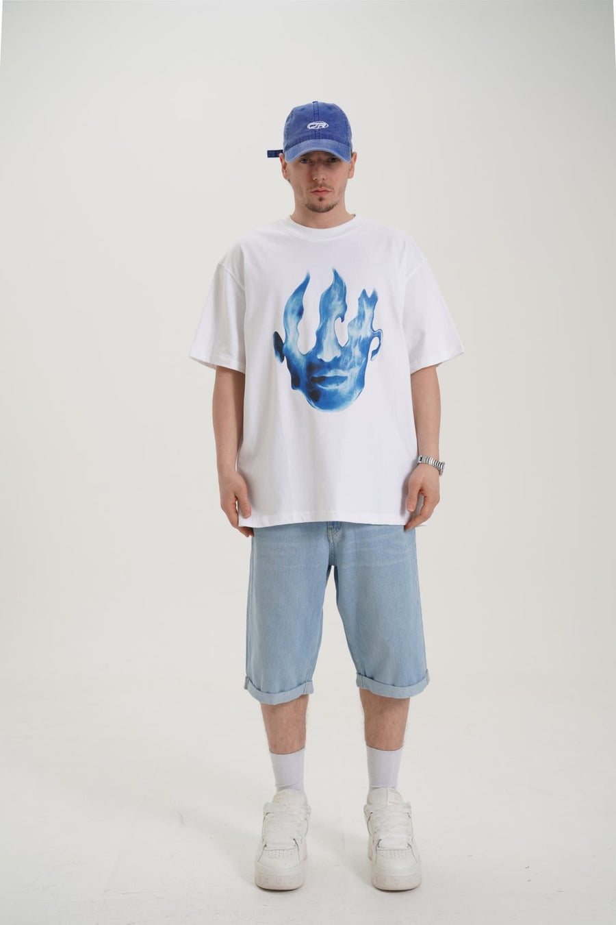 Fire Baskılı Beyaz Oversize Tshirt CT01 MRT26047
