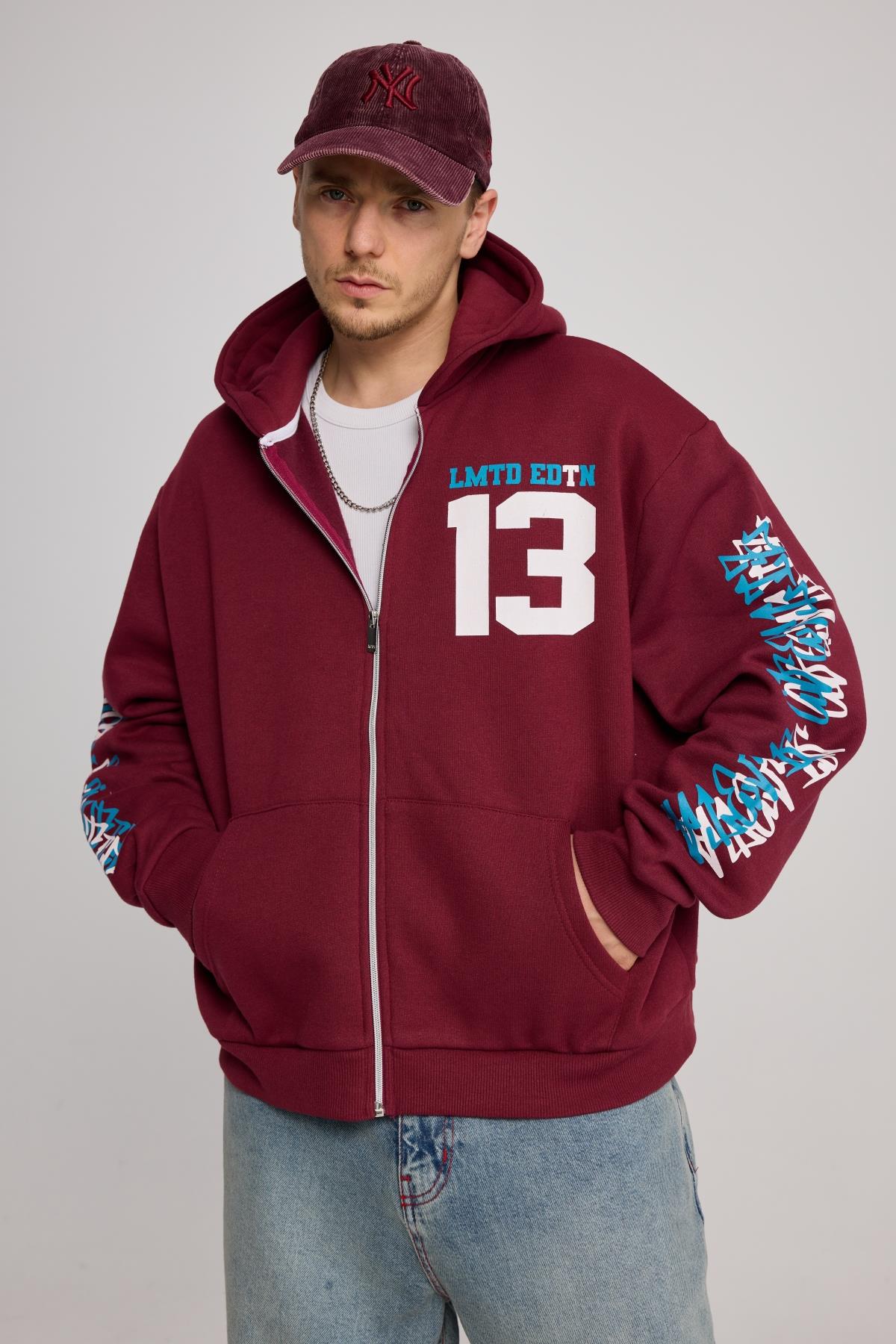 Baskılı Bordo Oversize Limited Zipper Hoodie