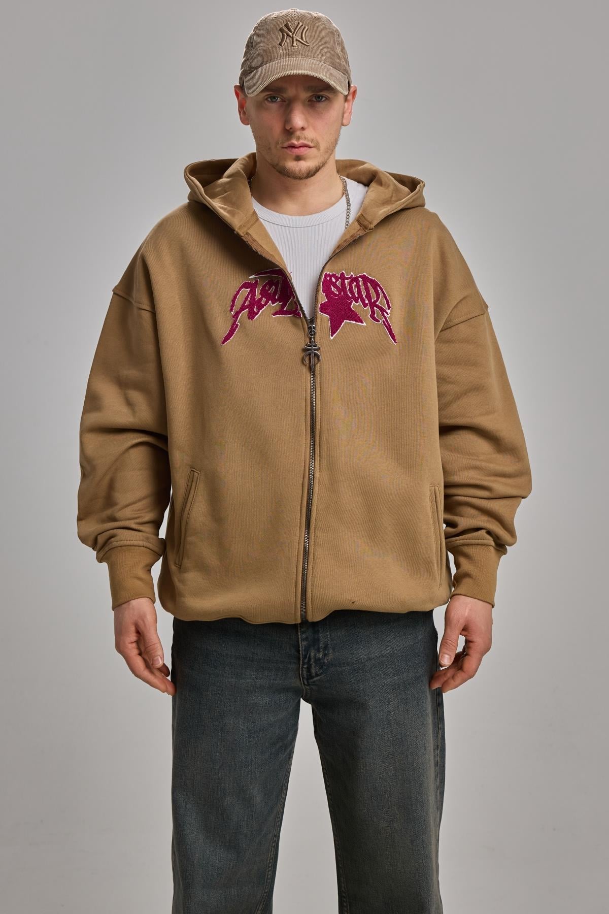 Nakışlı Kahverengi Oversize Zipper Hoodie