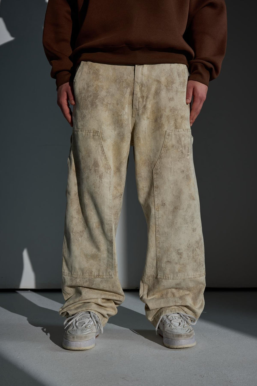 Blok Detay Desenli Krem Baggy Jean Pantolon