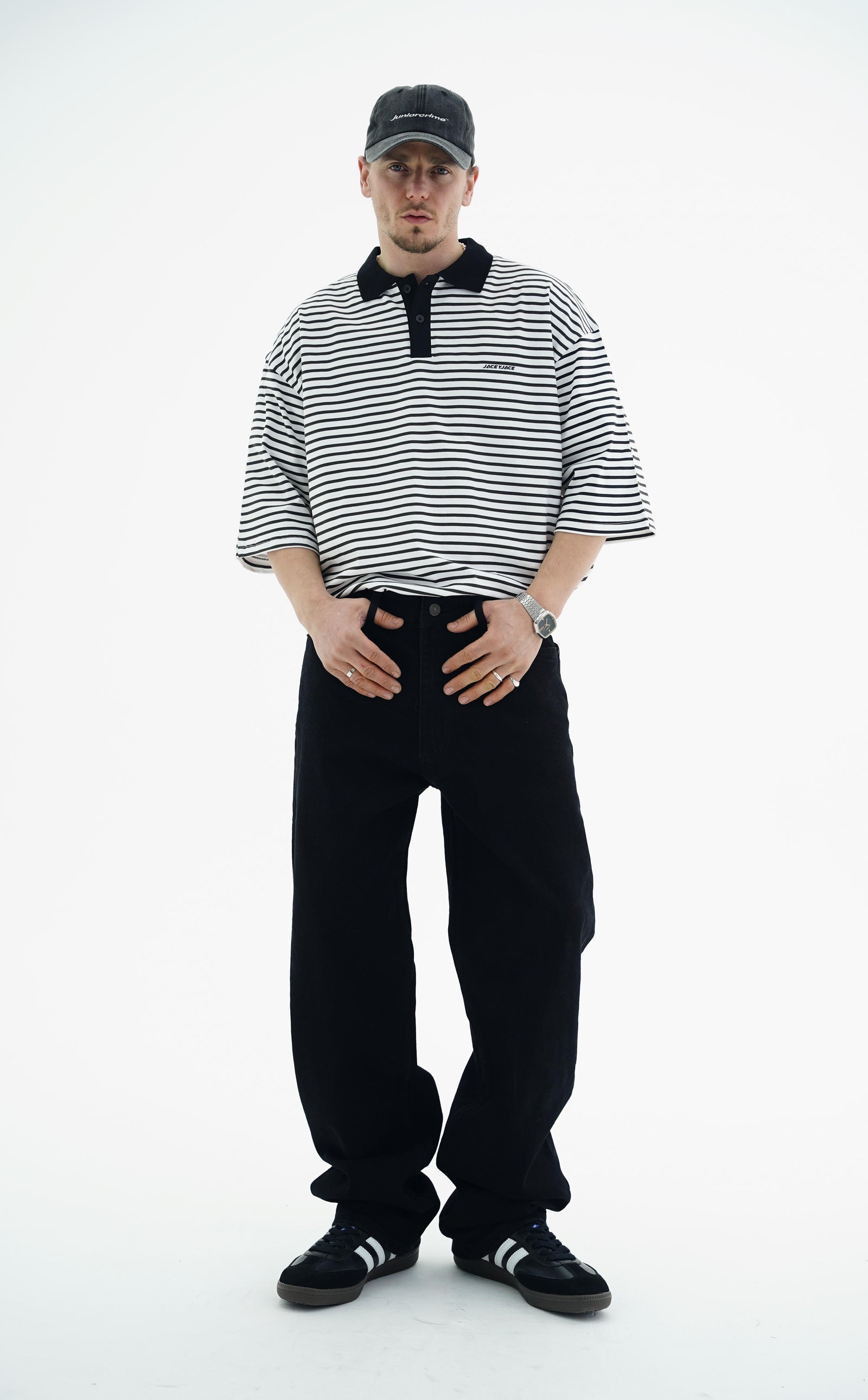 Polo Yaka Çizgili Beyaz Oversize Tshirt JC01 25Y108