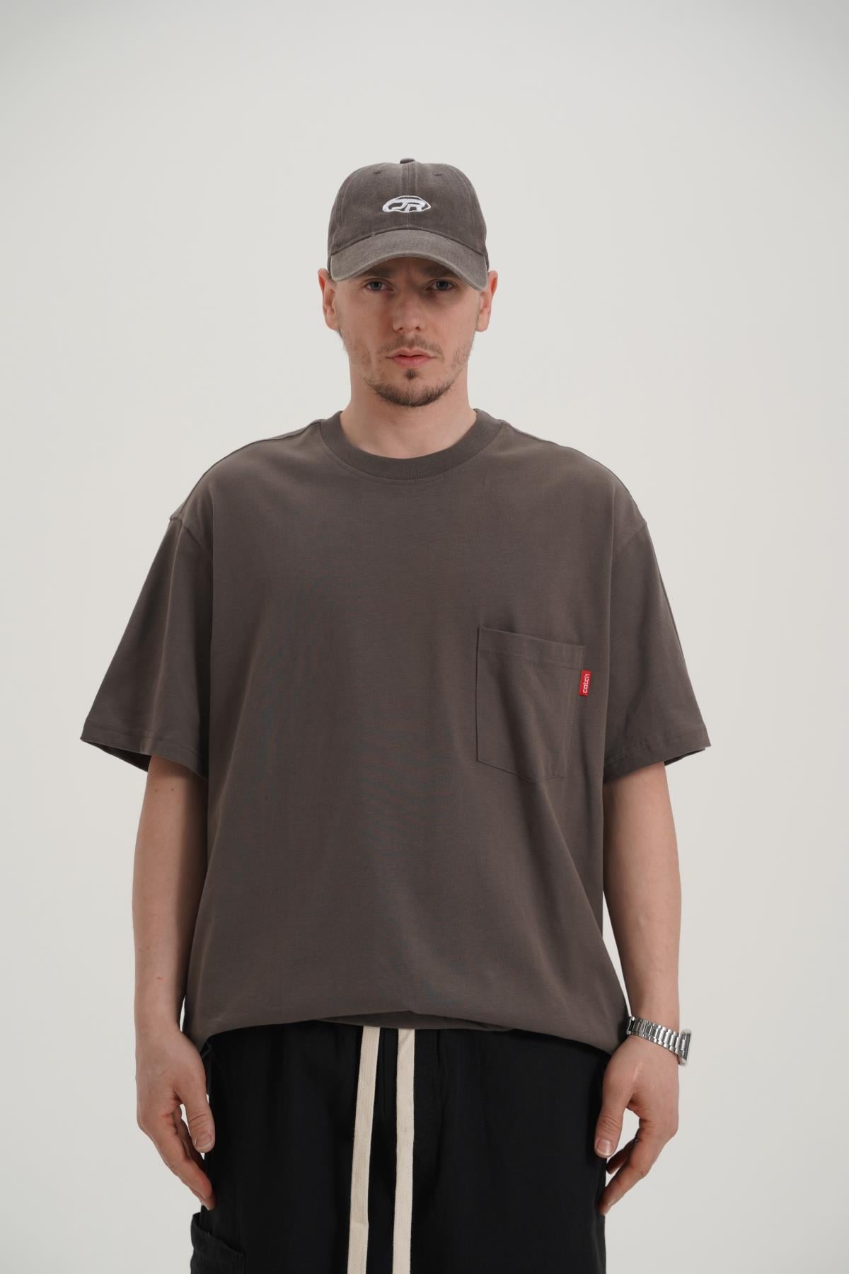 Baskılı Cep Detay Haki Oversize Tshirt CT01 MRT26054