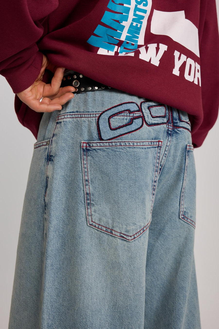 Kontrast Dikiş Mavi Baggy Jean Pantolon