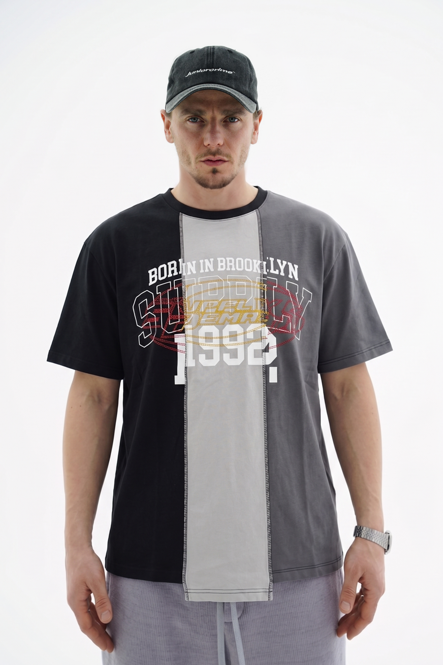 Şerit Detay Kontrast Dikiş Oversize Tshirt