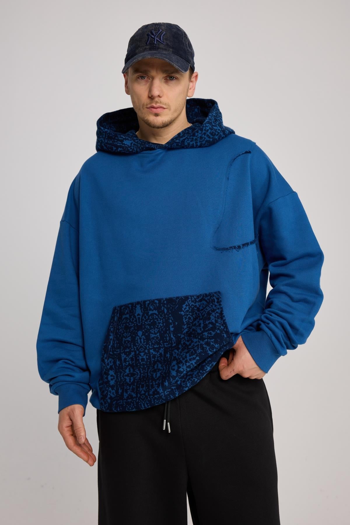 Etnik Desen Detaylı Oversize Mavi Hoodie SR01