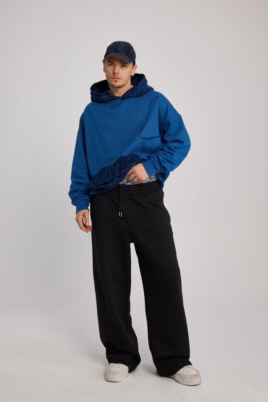 Etnik Desen Detaylı Oversize Mavi Hoodie SR01