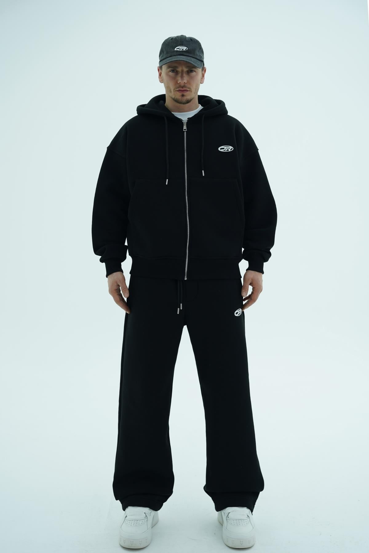 Jr Logo Boxy Kalıp Siyah Oversize Zipper Sweatshirt